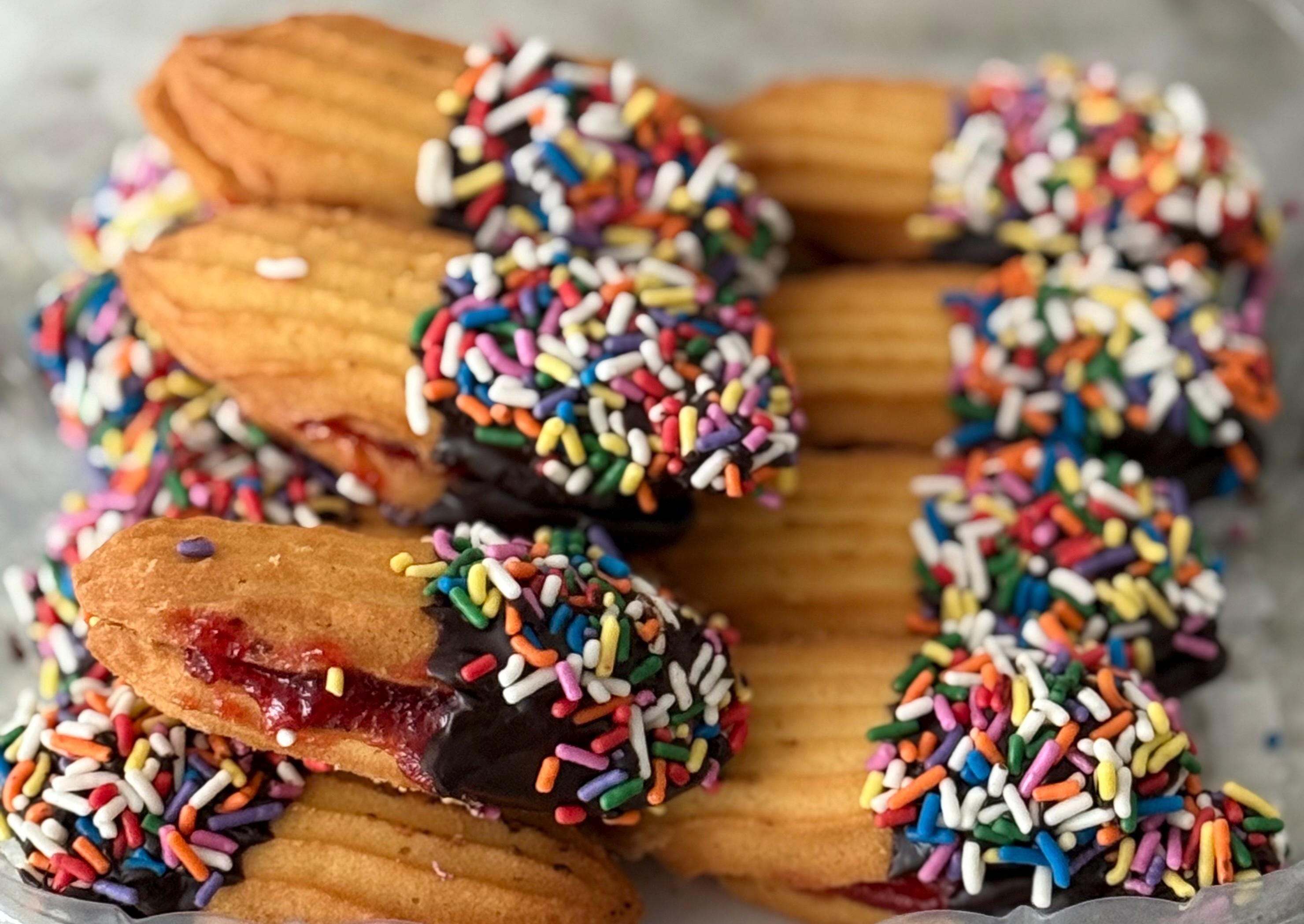 NYC Italian Jelly filled Dark Chocolate Dipped cookies with sprinkles 8 oz